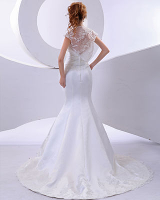 Elegante zeemeermin Speldbloem Halter Neck Bruidsjurken met korte mouw